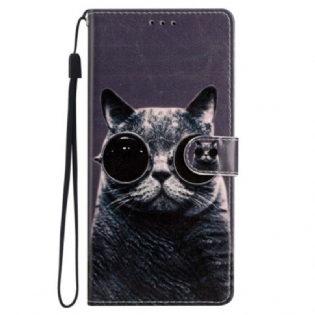 Flip Cover iPhone 15 Plus Med Snor Kat Med Rembriller