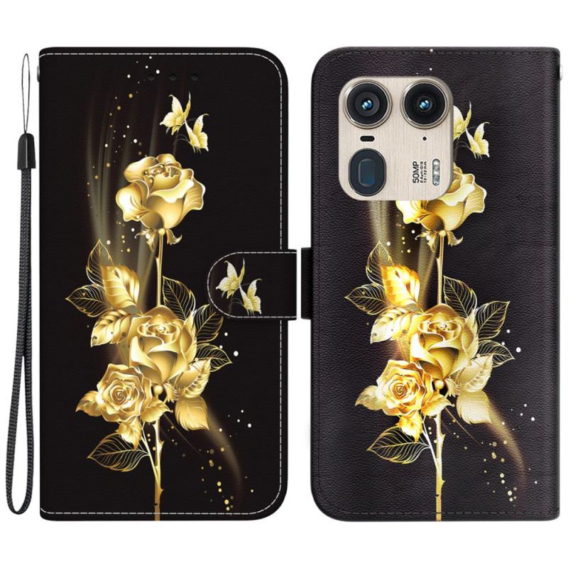 Flip Cover Motorola Edge 50 Ultra Guld Og Pink Sommerfugle Med Rem