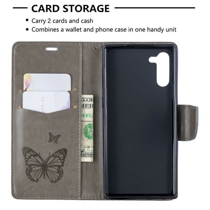 Flip Cover Samsung Galaxy Note 10 Læder Cover Sommerfugle Og Skrå Klap