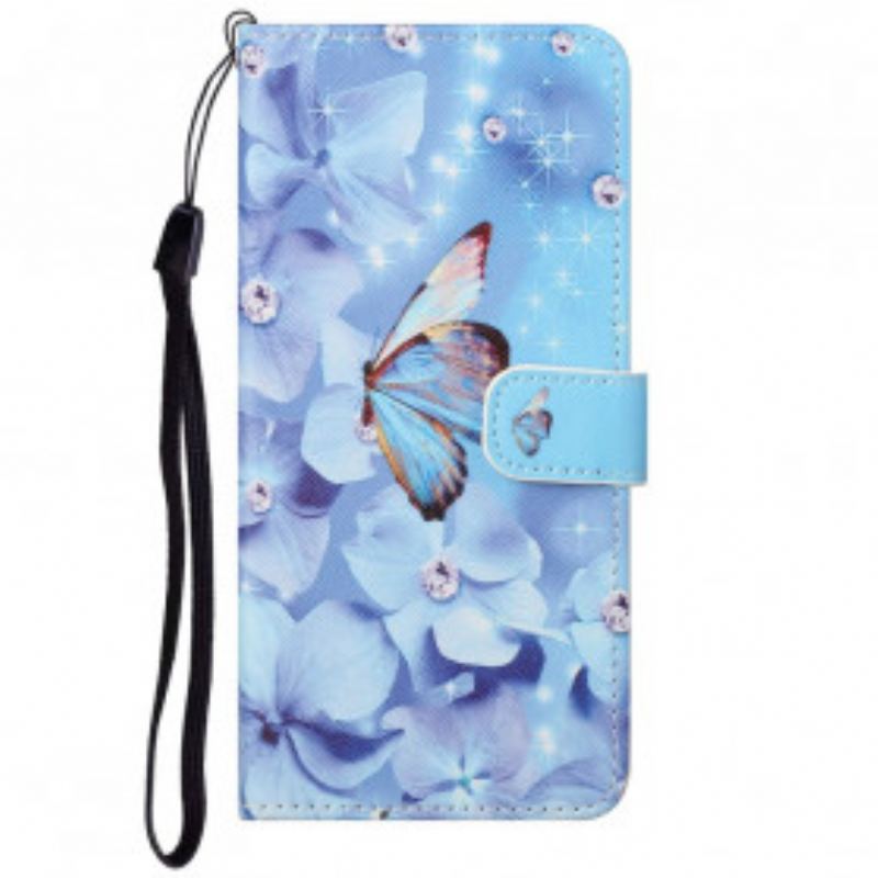 Flip Cover Motorola Edge 20 Med Snor Strappy Diamond Sommerfugle