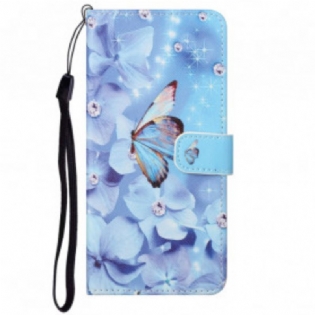Flip Cover Motorola Edge 20 Med Snor Strappy Diamond Sommerfugle