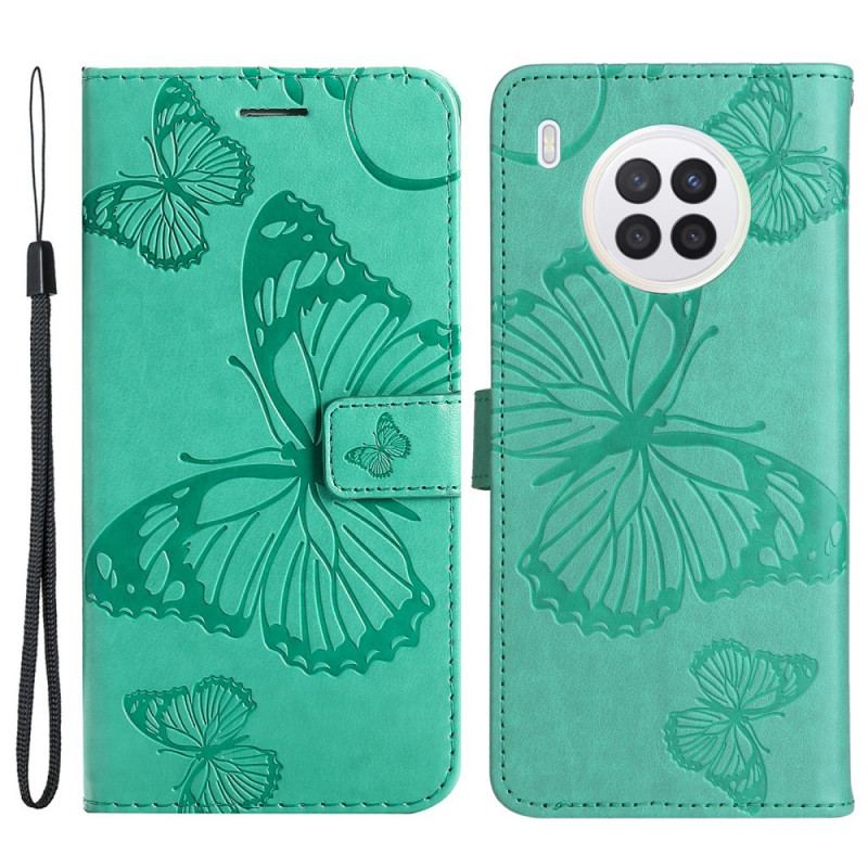 Læder Cover Huawei Nova 8i Med Snor Kæmpe Sommerfugle Med Rem