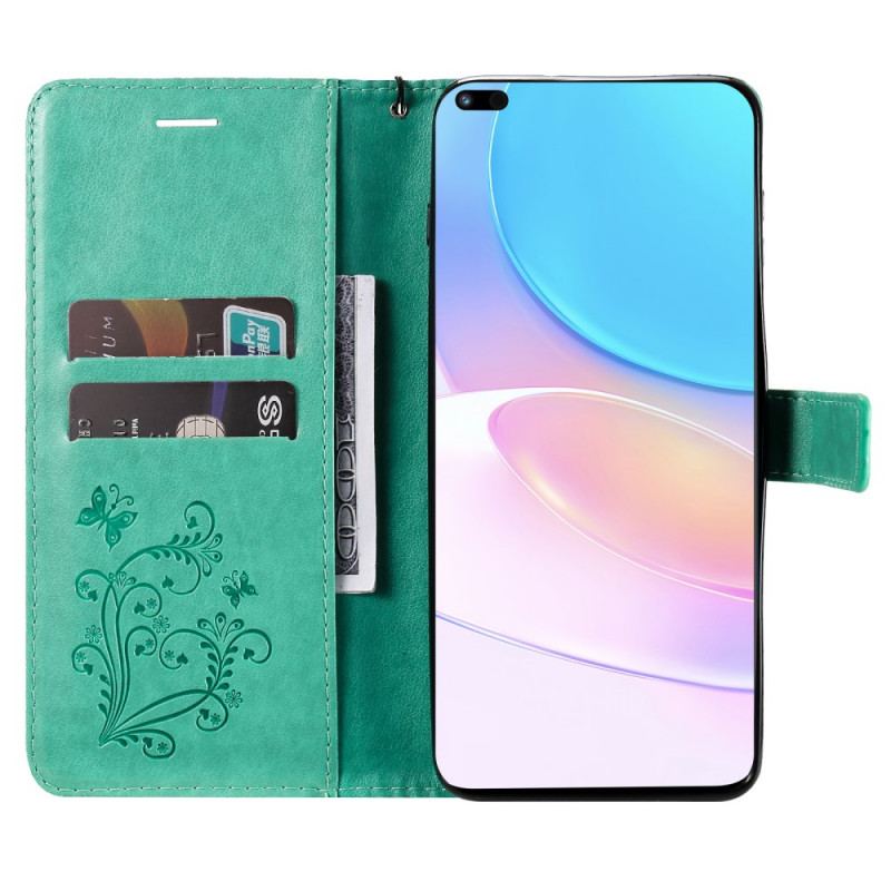Læder Cover Huawei Nova 8i Med Snor Kæmpe Sommerfugle Med Rem