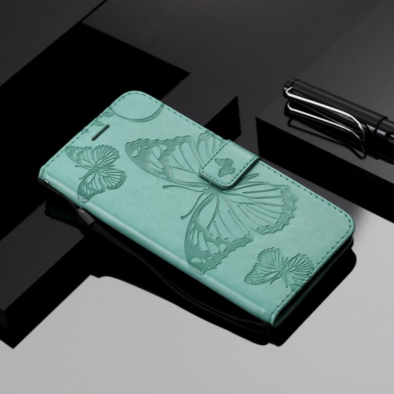 Læder Cover Huawei Nova 8i Med Snor Kæmpe Sommerfugle Med Rem