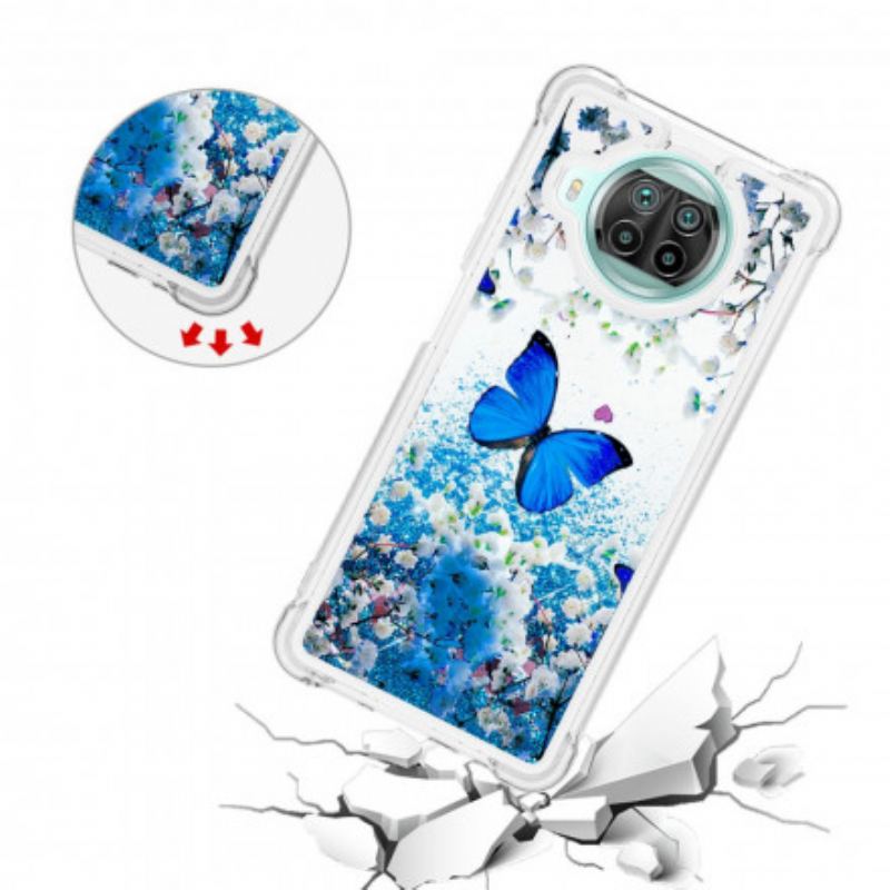 Cover Xiaomi Redmi Note 9 Pro 5G Glitter Blå Sommerfugle