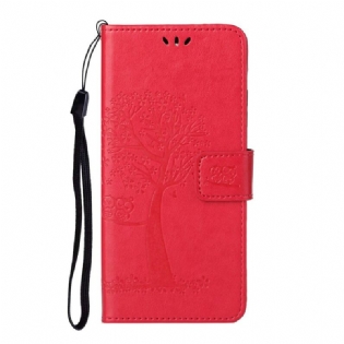 Flip Cover Xiaomi Redmi Note 9 Pro 5G Med Snor Thong Træ Og Ugler