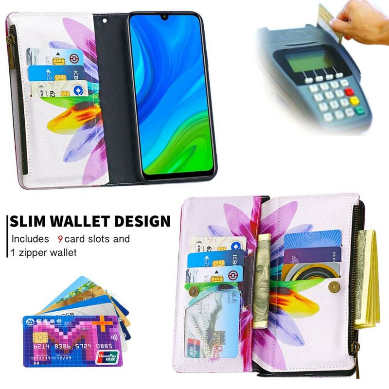 Flip Cover Huawei P Smart 2020 Blomsterlomme Med Lynlås