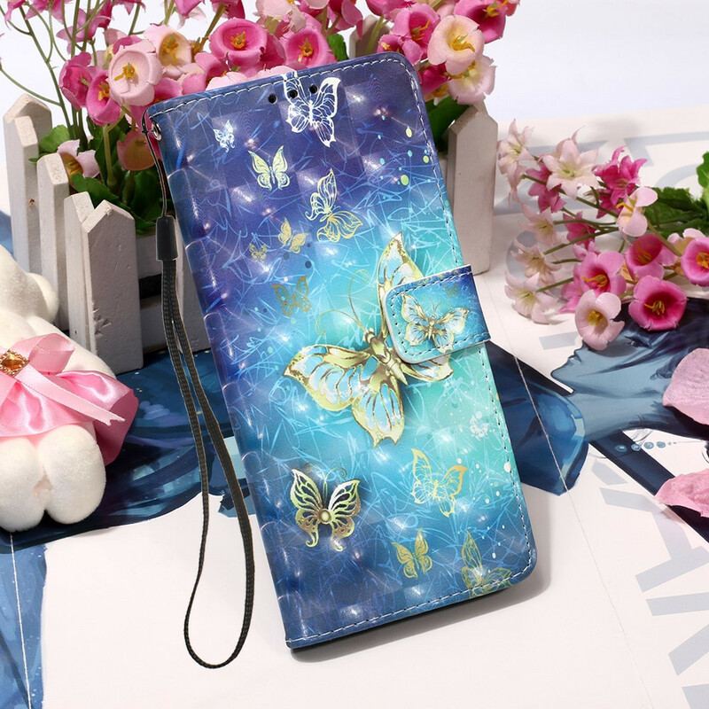 Flip Cover Huawei P Smart 2020 Med Snor Gyldne Sommerfugle Med Rem