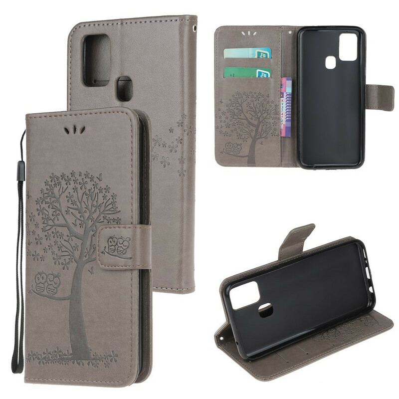 Flip Cover Huawei P Smart 2020 Med Snor Thong Træ Og Ugler