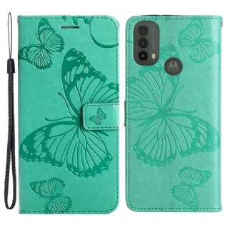 Læder Cover Moto E40 / E30 / E20 Med Snor Kæmpe Sommerfugle Med Rem