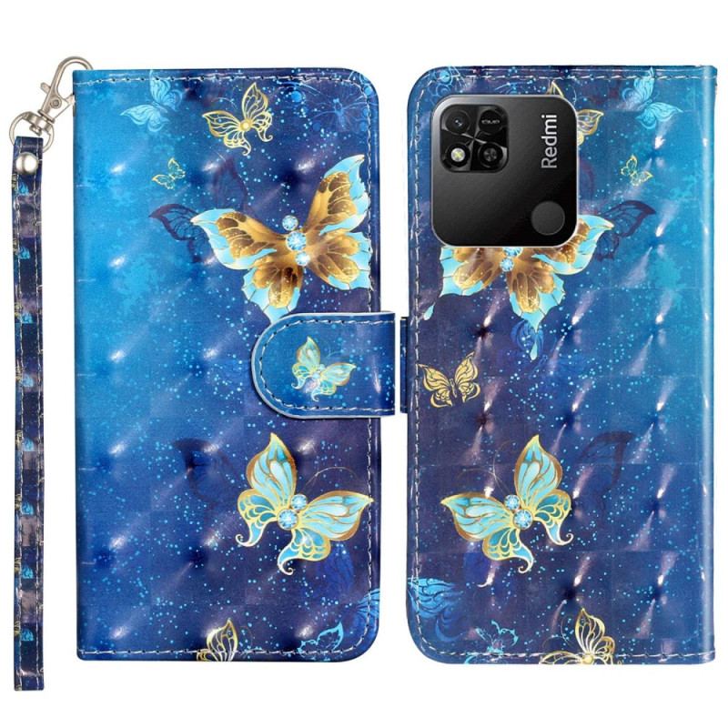 Flip Cover Xiaomi Redmi 10A Med Snor Sommerfugle På Blå Thong Baggrund