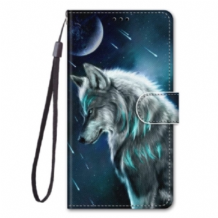 Flip Cover Xiaomi Redmi 10A Med Snor Strappy Wolf Mønster