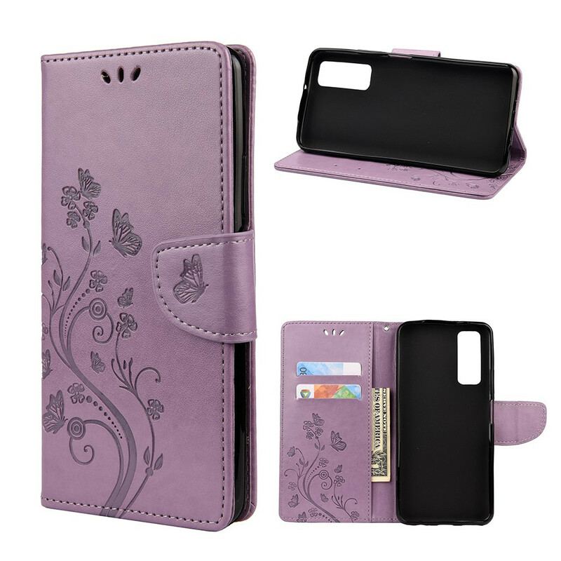 Læder Cover Huawei P Smart 2021 Med Snor Sommerfugle Og Blomsterrem