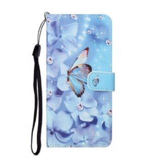 Læder Cover Huawei P Smart 2021 Med Snor Strappy Diamond Sommerfugle