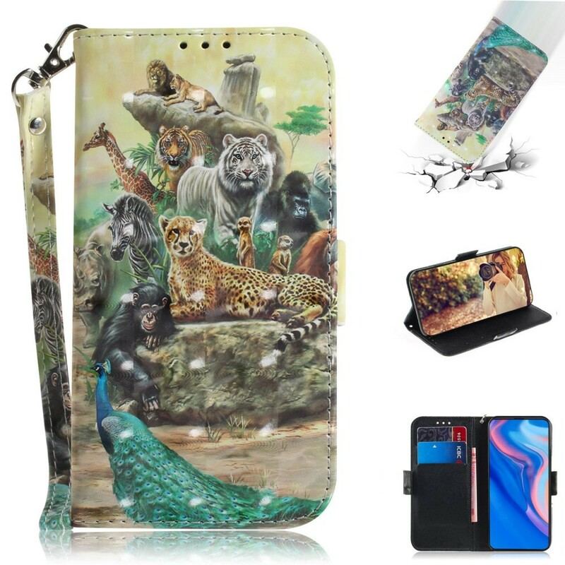 Læder Cover Huawei P Smart Z Med Snor Thong Safari Dyr