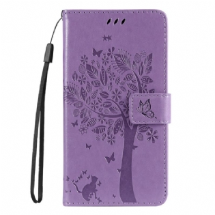 Flip Cover Vivo Y22s Med Snor Træ Og Strappy Kat