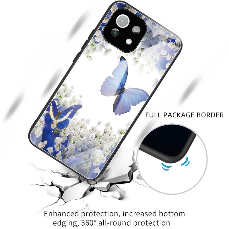 Cover Xiaomi Mi 11 Lite 4G / 5G / 5G NE Blå Sommerfugle Hærdet Glas