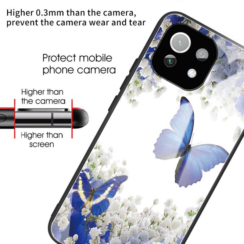 Cover Xiaomi Mi 11 Lite 4G / 5G / 5G NE Blå Sommerfugle Hærdet Glas