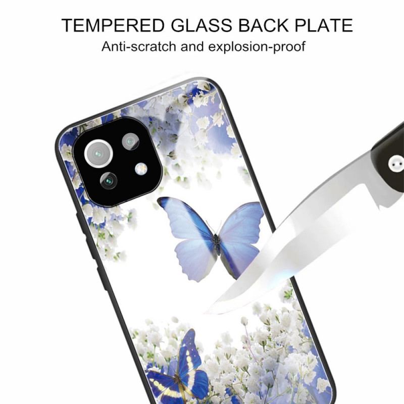 Cover Xiaomi Mi 11 Lite 4G / 5G / 5G NE Blå Sommerfugle Hærdet Glas