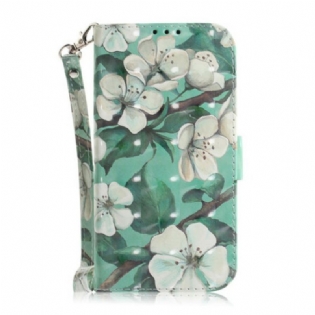 Læder Cover Xiaomi Redmi Note 9 Med Snor Blomstrende Gren Med Rem