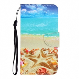 Læder Cover Xiaomi Redmi Note 9 Med Snor Lanyard Beach