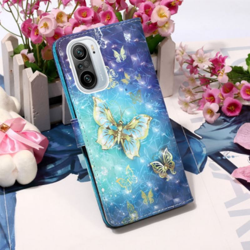 Flip Cover Poco F3 Gyldne Sommerfugle