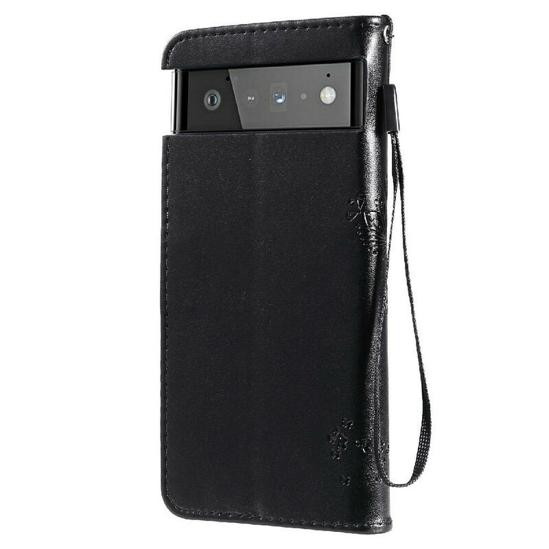 Læder Cover Google Pixel 6 Pro Med Snor Thong Træ Og Ugler