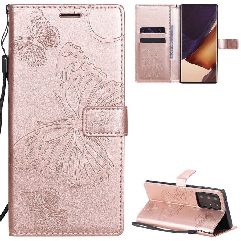 Flip Cover Samsung Galaxy Note 20 Ultra Med Snor Kæmpe Sommerfugle Med Rem