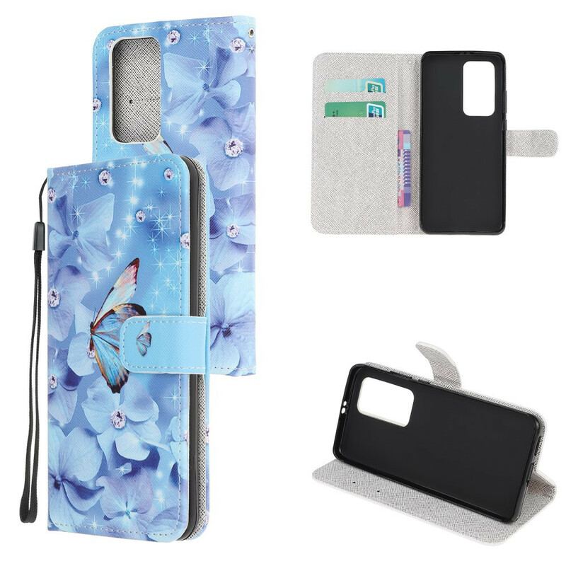 Flip Cover Huawei P40 Med Snor Strappy Diamond Sommerfugle