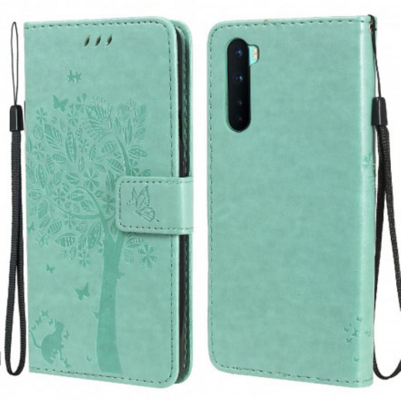 Flip Cover OnePlus Nord Med Snor Træ Og Strappy Kat