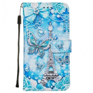 Flip Cover Samsung Galaxy S20 Med Snor Eiffeltårnets Sommerfuglestrop