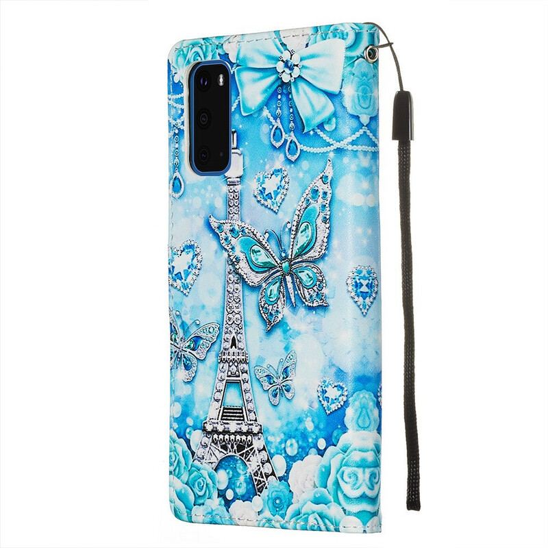 Flip Cover Samsung Galaxy S20 Med Snor Eiffeltårnets Sommerfuglestrop