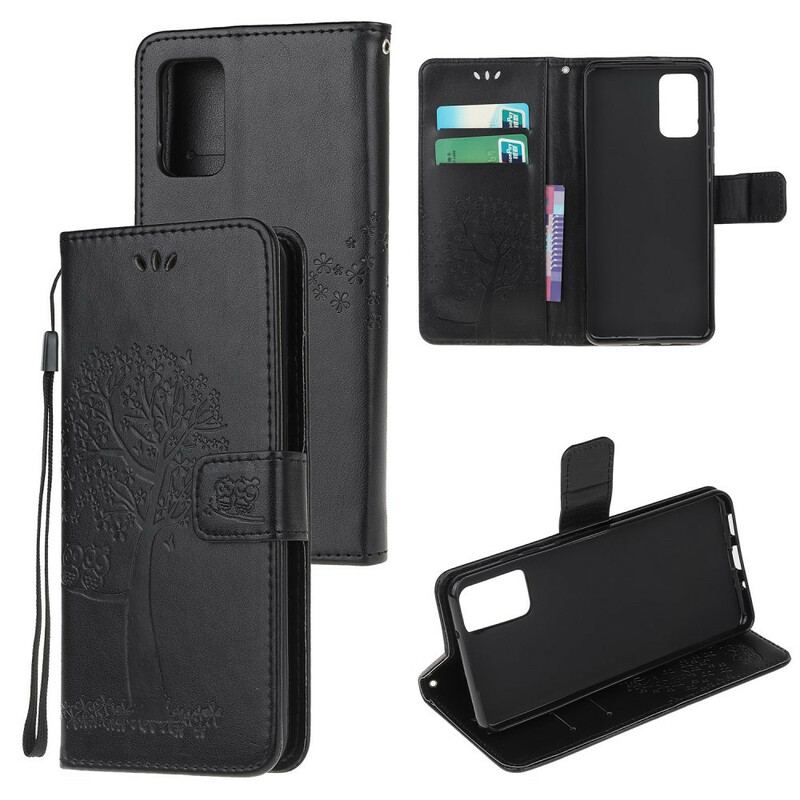Flip Cover Samsung Galaxy S20 Med Snor Thong Træ Og Ugler