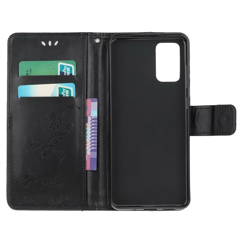 Læder Cover Samsung Galaxy S20 Med Snor Diskretion Sommerfugle Med Rem