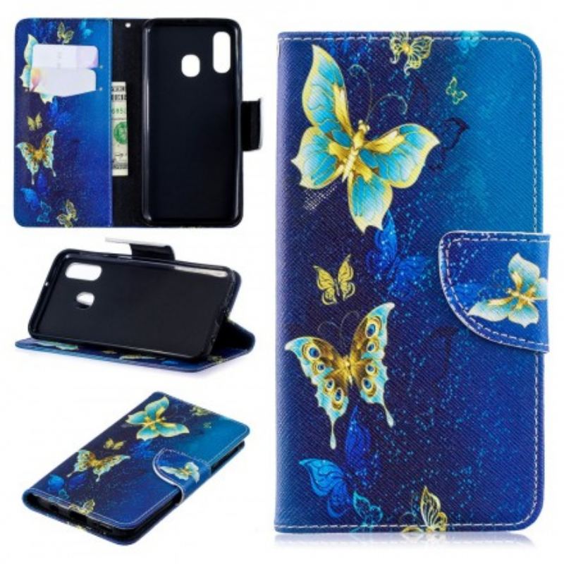 Læder Cover Samsung Galaxy A40 Gyldne Sommerfugle