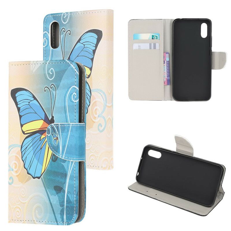 Flip Cover Xiaomi Redmi 9A Blå Og Gul Sommerfugl