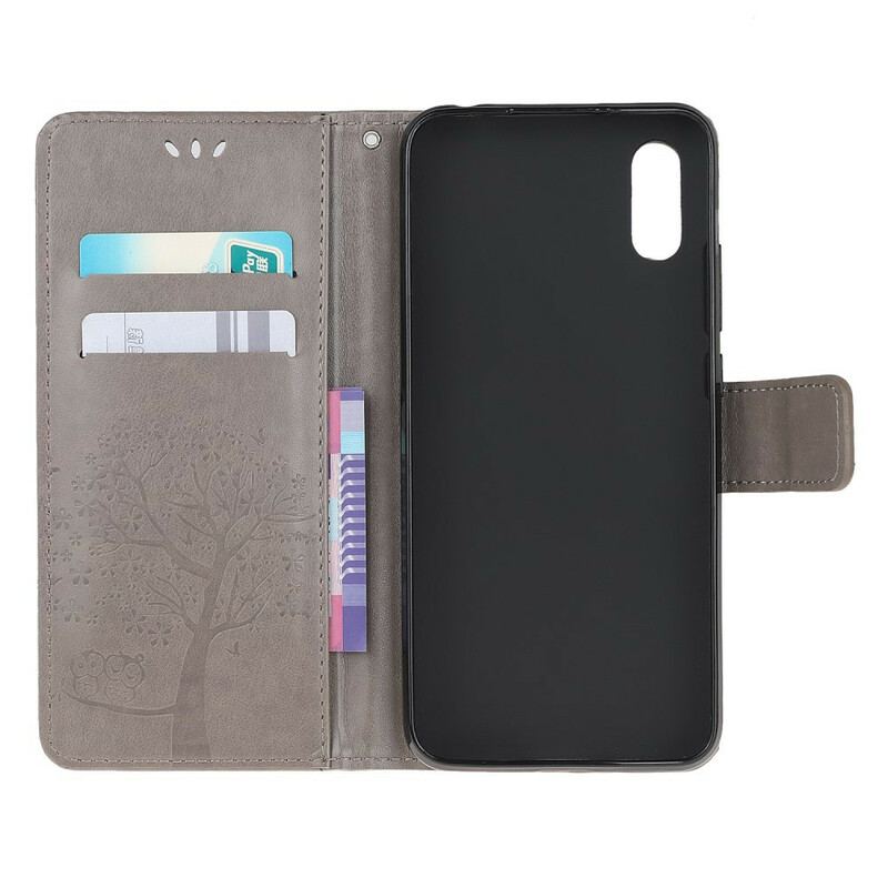 Flip Cover Xiaomi Redmi 9A Med Snor Thong Træ Og Ugler