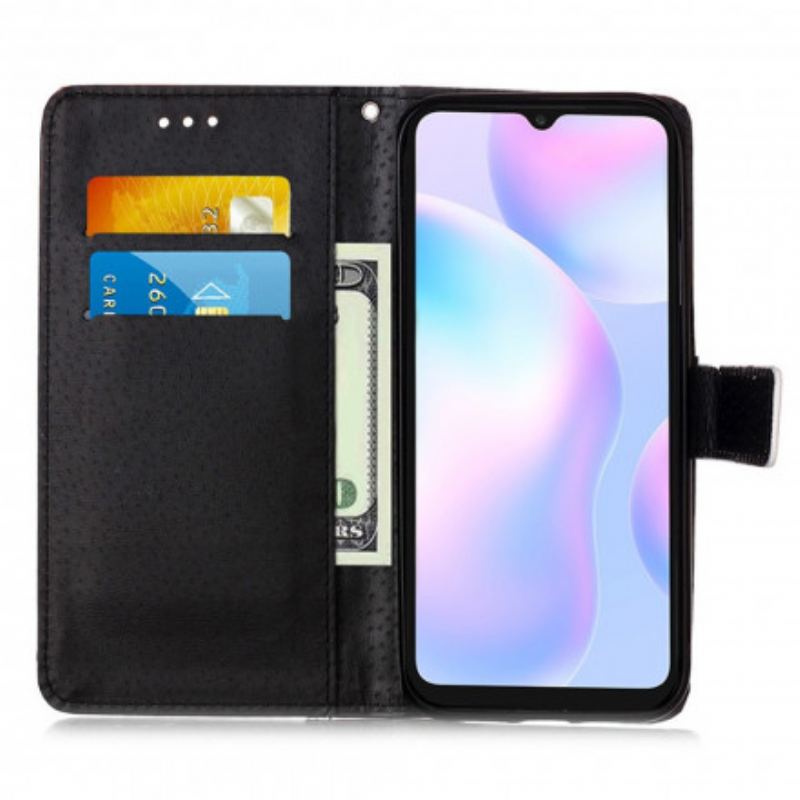 Læder Cover Xiaomi Redmi 9A Med Snor Sort Rose Med Rem