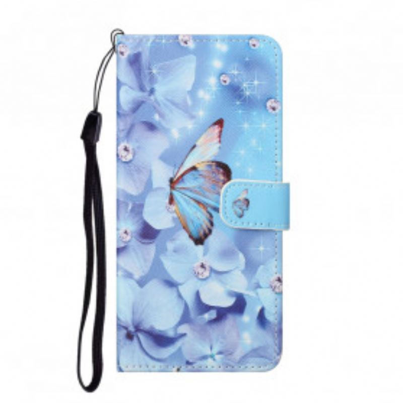 Flip Cover Xiaomi Redmi Note 10 Pro Med Snor Strappy Diamond Sommerfugle