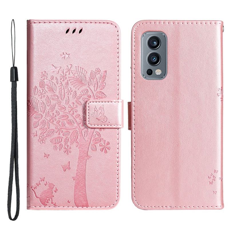 Flip Cover OnePlus Nord 2 5G Med Snor Træ Og Strappy Kat