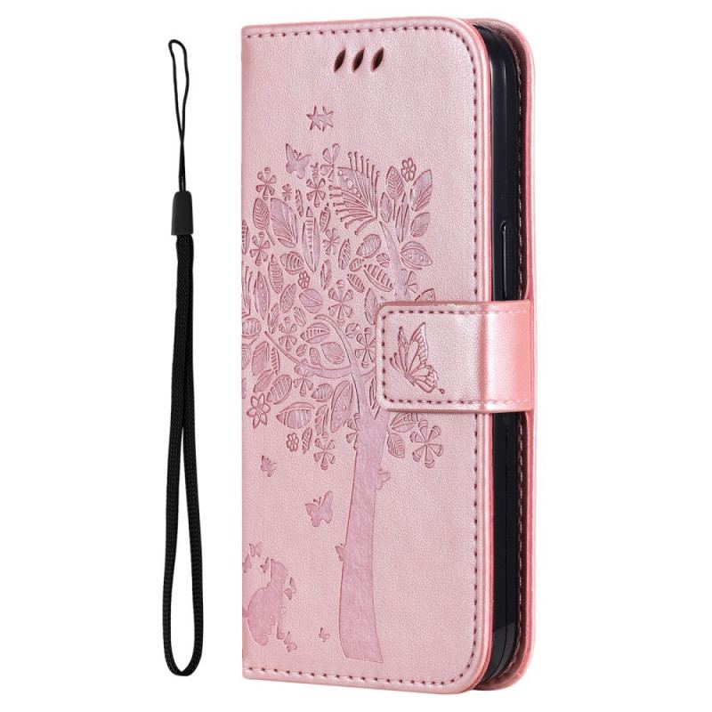 Flip Cover OnePlus Nord 2 5G Med Snor Træ Og Strappy Kat