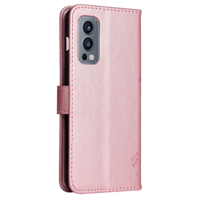 Flip Cover OnePlus Nord 2 5G Med Snor Træ Og Strappy Kat