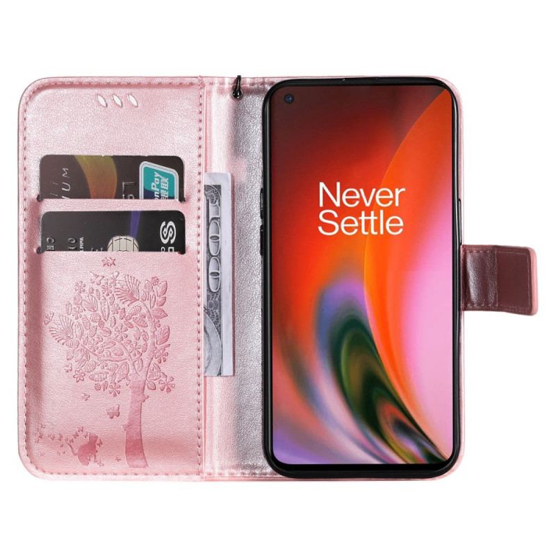 Flip Cover OnePlus Nord 2 5G Med Snor Træ Og Strappy Kat