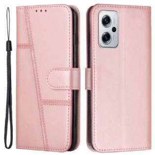 Flip Cover Poco X4 GT Diagonal Søm Og Rem I Imiteret Læder