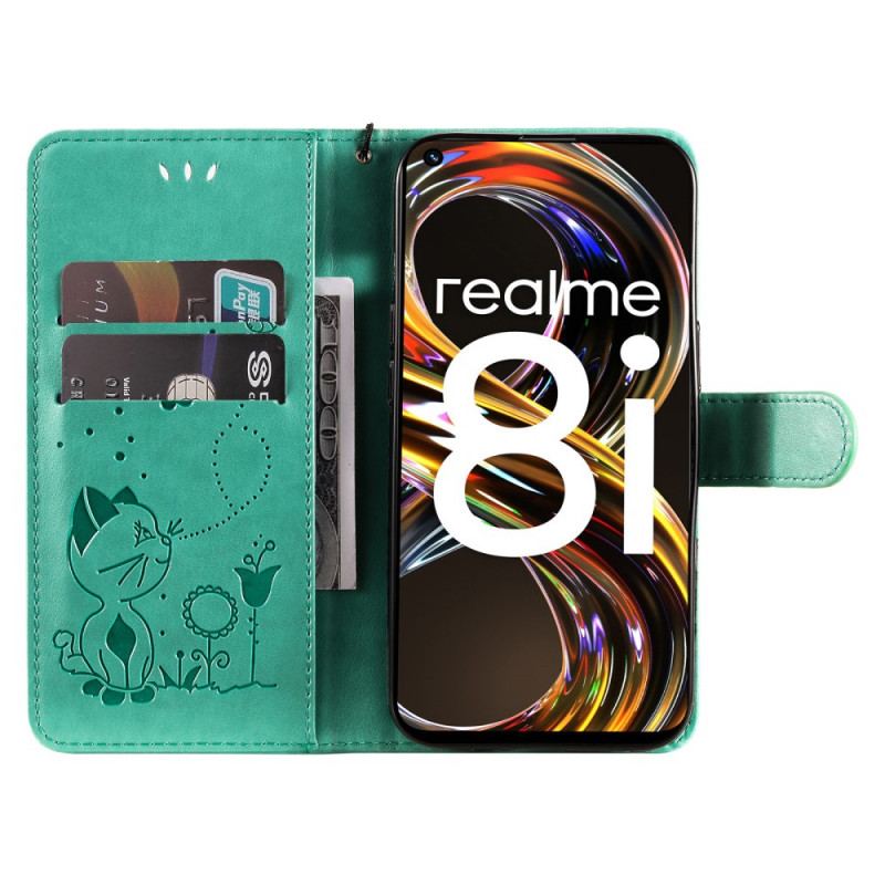 Flip Cover Realme 8i Med Snor Kat Og Bi Med Snor