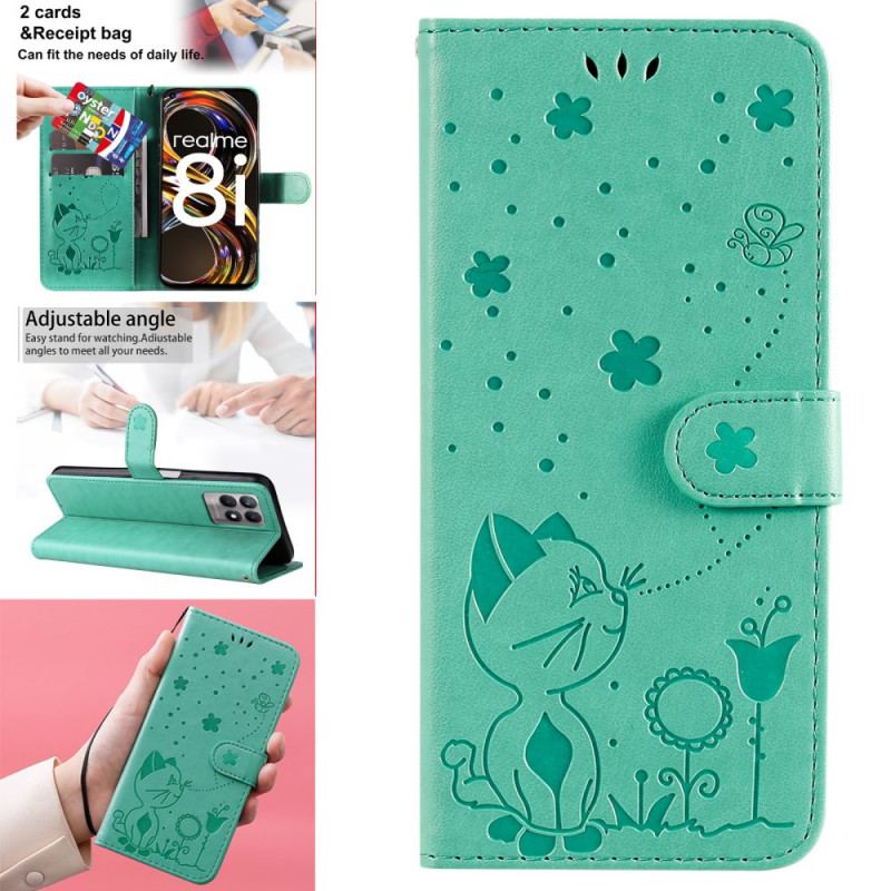 Flip Cover Realme 8i Med Snor Kat Og Bi Med Snor