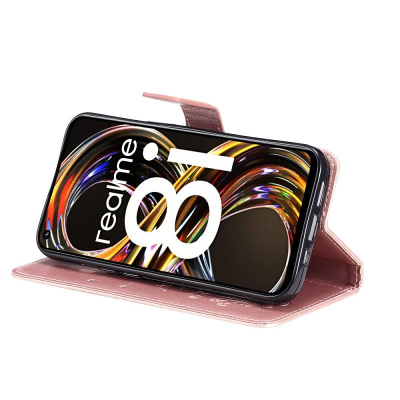 Læder Cover Realme 8i Med Snor Kæmpe Sommerfugle Med Rem
