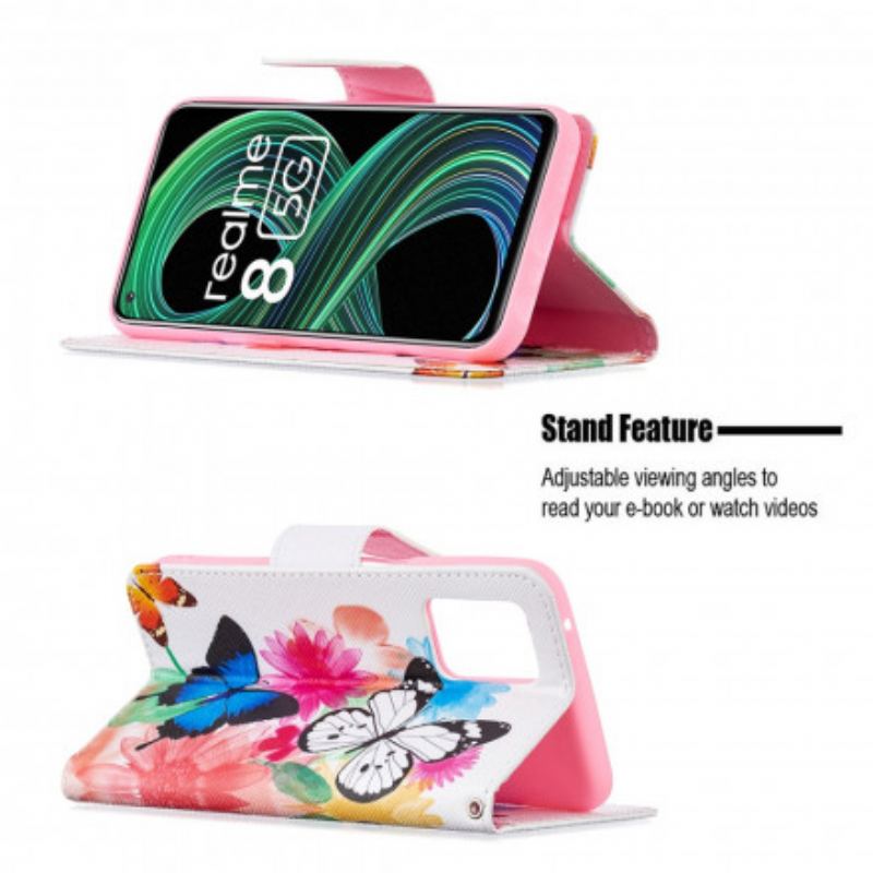 Flip Cover Realme 8 5G Malede Sommerfugle Og Blomster