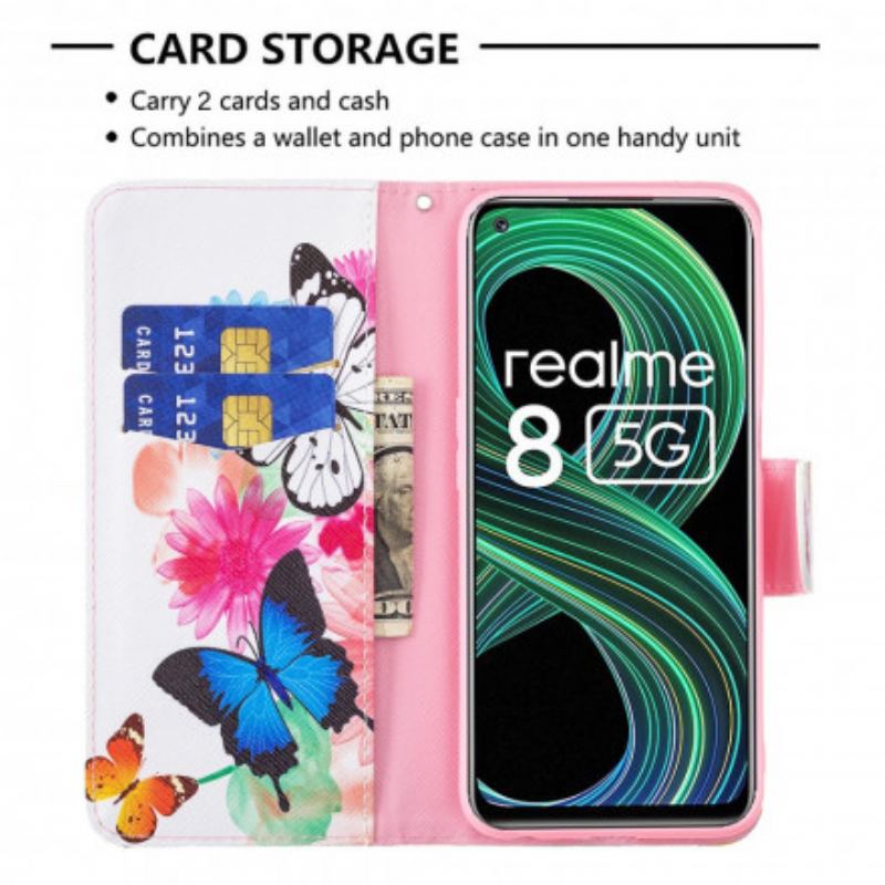 Flip Cover Realme 8 5G Malede Sommerfugle Og Blomster