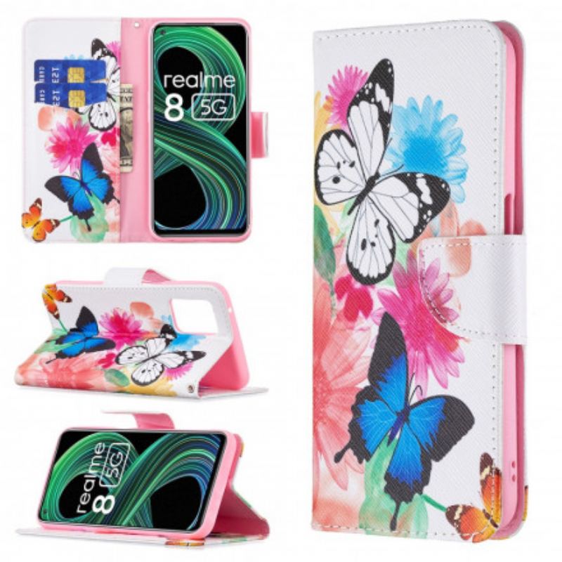 Flip Cover Realme 8 5G Malede Sommerfugle Og Blomster